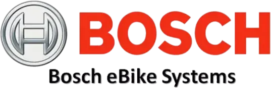 Bosch eBike Systems -logo, jossa on hopeinen ympyrä, jossa on tyylitelty H-kirjain, ja punainen "BOSCH"-teksti, jonka alla on harmaa "Bosch eBike Systems" -teksti mustalla taustalla.