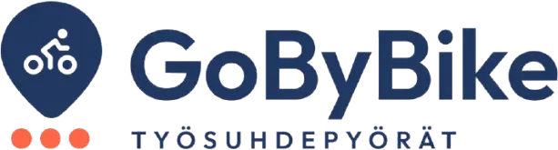 GoByBike-logo, jossa on pyöräilijä karttamerkissä, teksti "GoByBike" ja "TYÖSUHDEPYÖRÄT" sekä kolme oranssia pistettä.